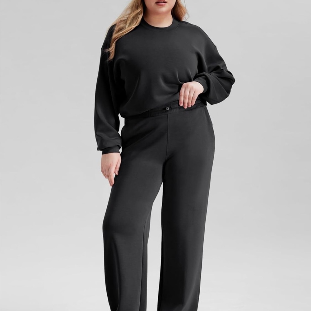 ODODOS Modal Soft Lounge Set Black Oversized Sweatshirt + Wide Leg Pants XL